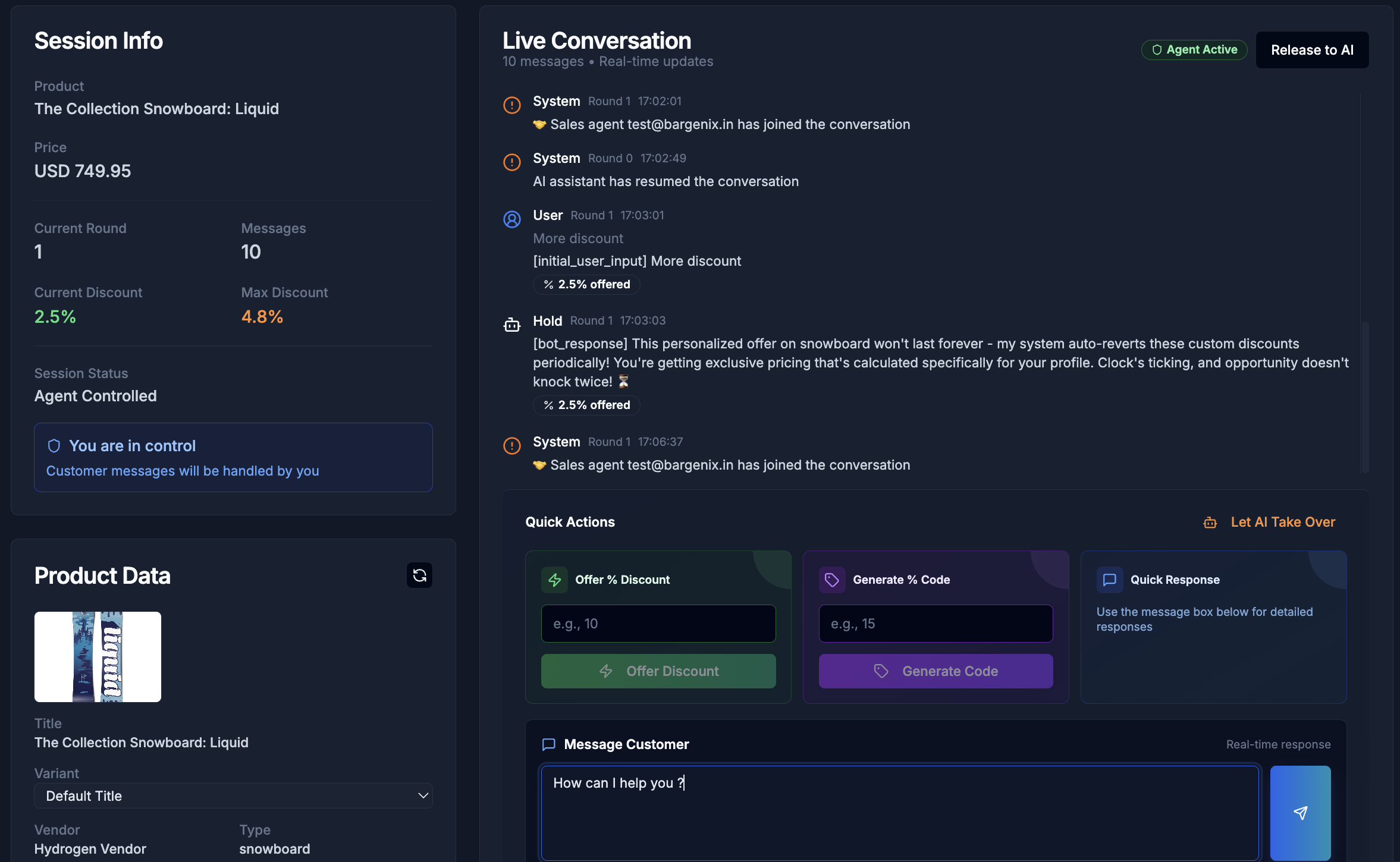 Live agent takeover dashboard